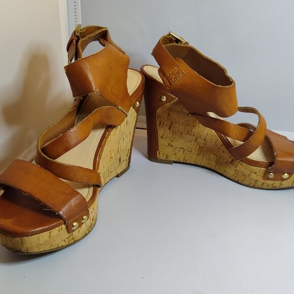 Guess Womens Brown Strap Leather Cork Wedge Sandals Size 6.5 - Picture 3 of 6